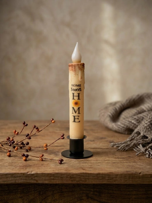Home Sweet Home Primitive 7" Led Timer Taper Candle and Black Holder Set