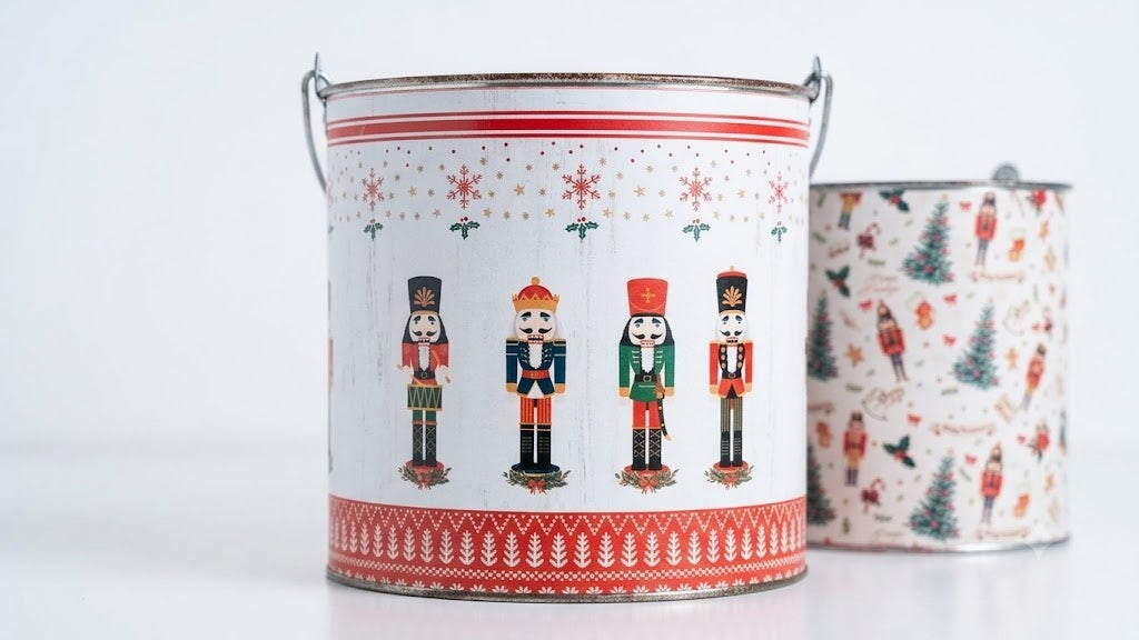 Vintage Style Primitive Christmas Nutcracker Holiday Metal Pails Tins, Set of 2