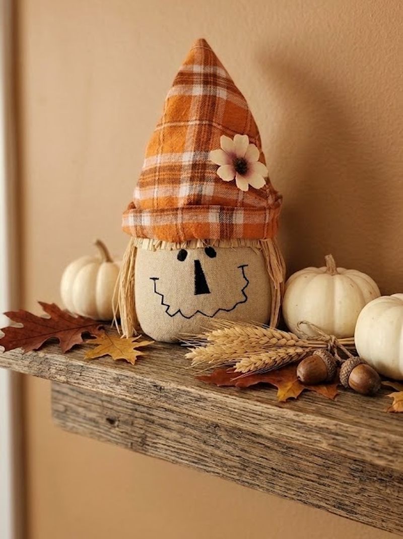 Primitive Plush Scarecrow Head Fall Decor, 11.5" Rustic Autumn Shelf Sitter
