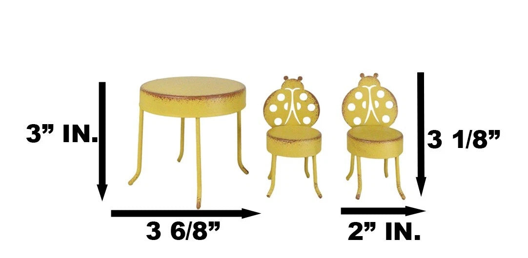 Whimsical Fairy Garden Miniature Yellow Ladybug Metal Chairs and Table Set