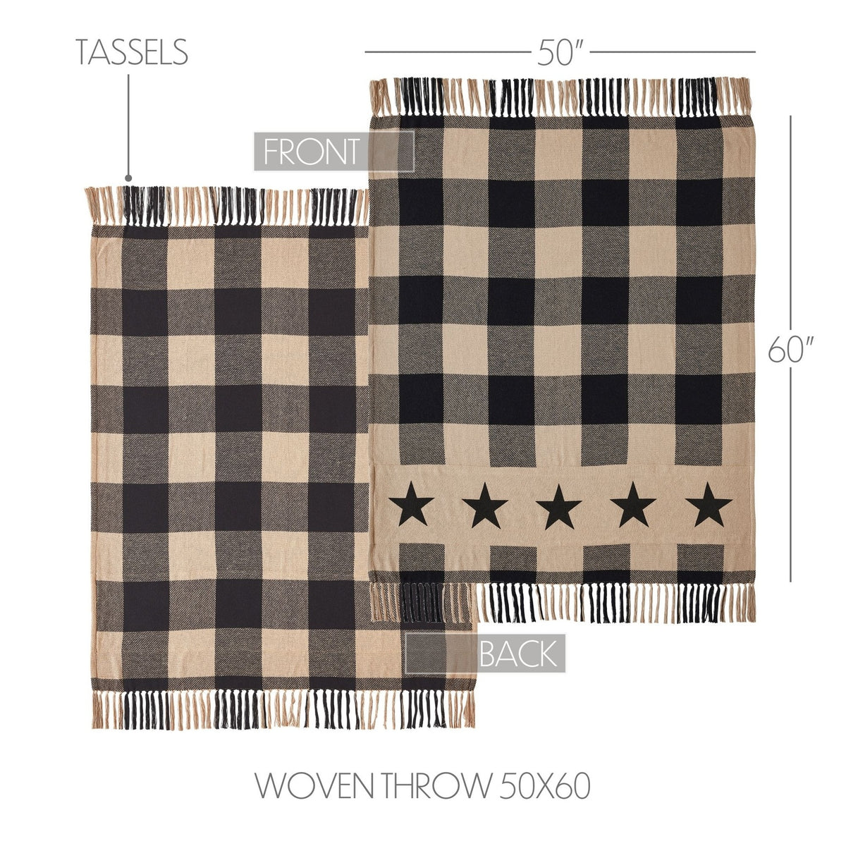 Black Check Star Primitive Woven Throw Blanket 50" x 60", Country Americana