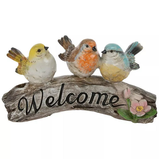 Realistic, Colorful Bird Trio on Welcome Resin Faux Wood Log Garden Decor