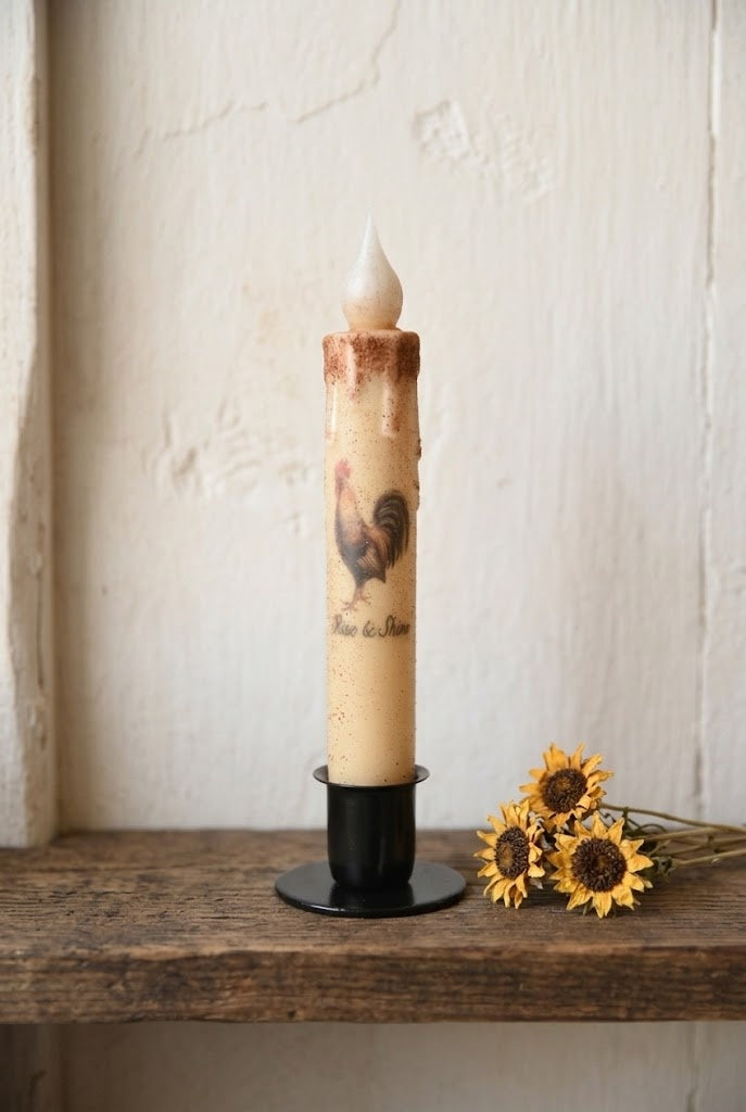 Rise and Shine Rooster 7" Led Timer Taper Candle and Black Holder Set