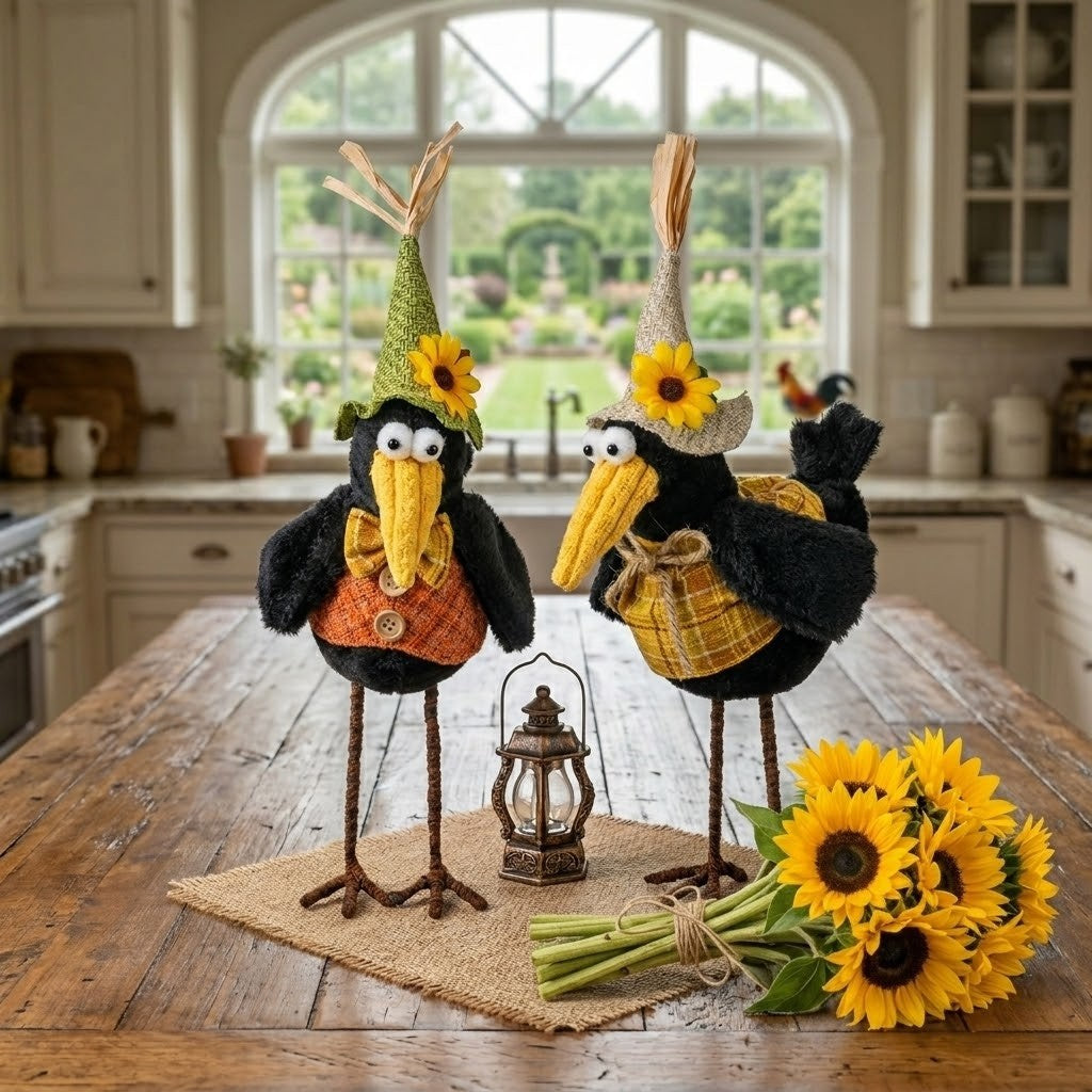Whimsical Standing Harvest Crows with Sunflowers. Farmhouse Decor, Set of Two
