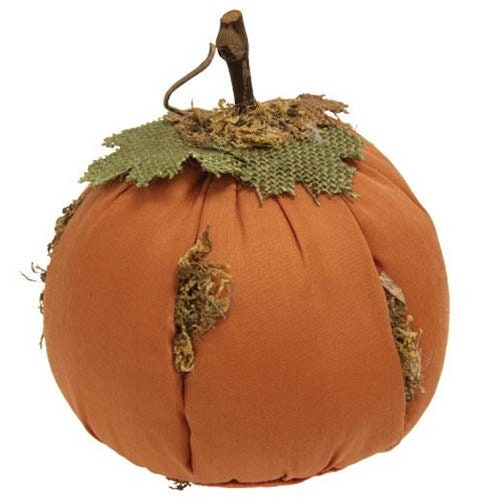 Primitive Autumn Mossy Orange Stuffed Fabric Pumpkin, Fall Decor 5" x 6",
