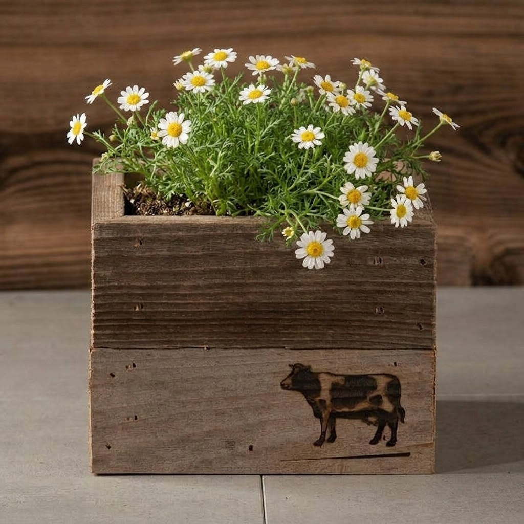 Rustic Wood Farmhouse Crock Cow Planter, Handmade 100% Reclaimed Wood