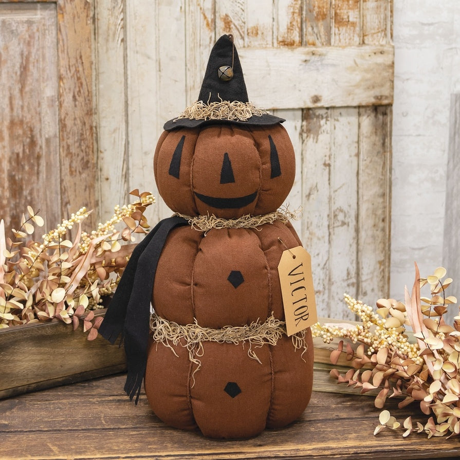 Primitive Stuffed Pumpkin Figure "Victor", Large Fabric Halloween Shelf Sitter