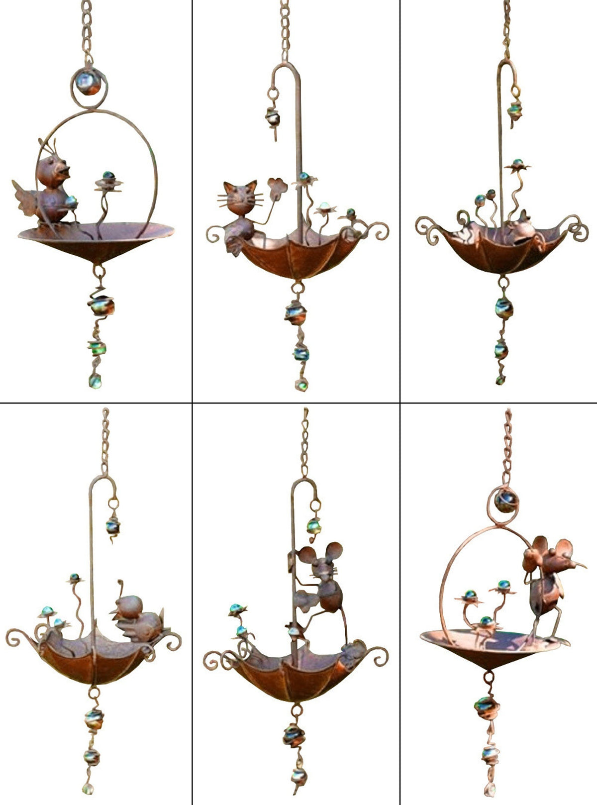 Hanging Animal Bird Feeder & Garden Mobile, Rustic Metal Yard Art in Rust