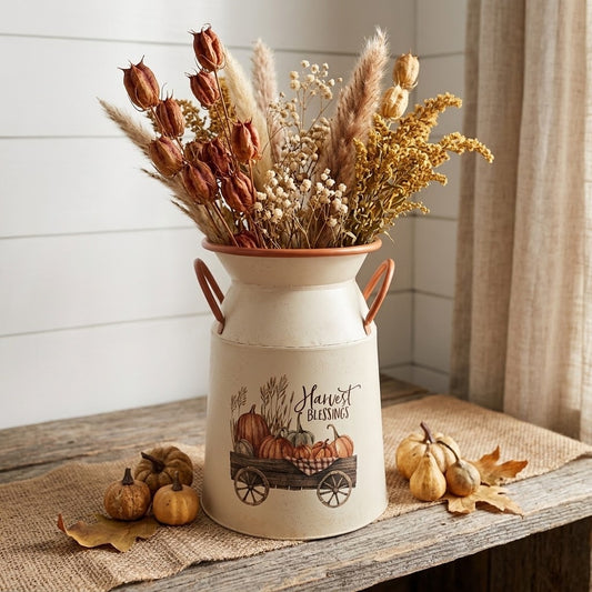 Fall Harvest Blessings 9" Metal Milk Jug Pitcher – Rustic Autumn Tabletop Decor
