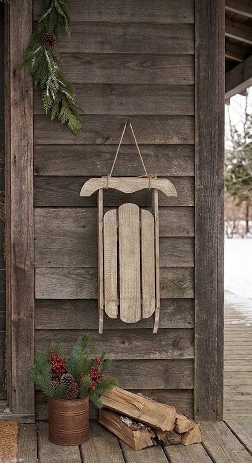 Primitive 14" Wooden Sleigh Wall Hanging Rustic Country Winter Christmas Sled