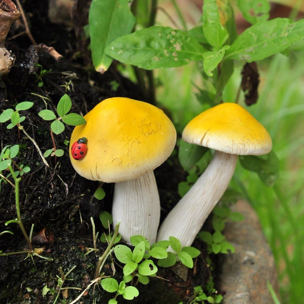 Miniature Fairy Garden and Terrarium Set of 2 Yellow Mushrooms, Ladybug Accent
