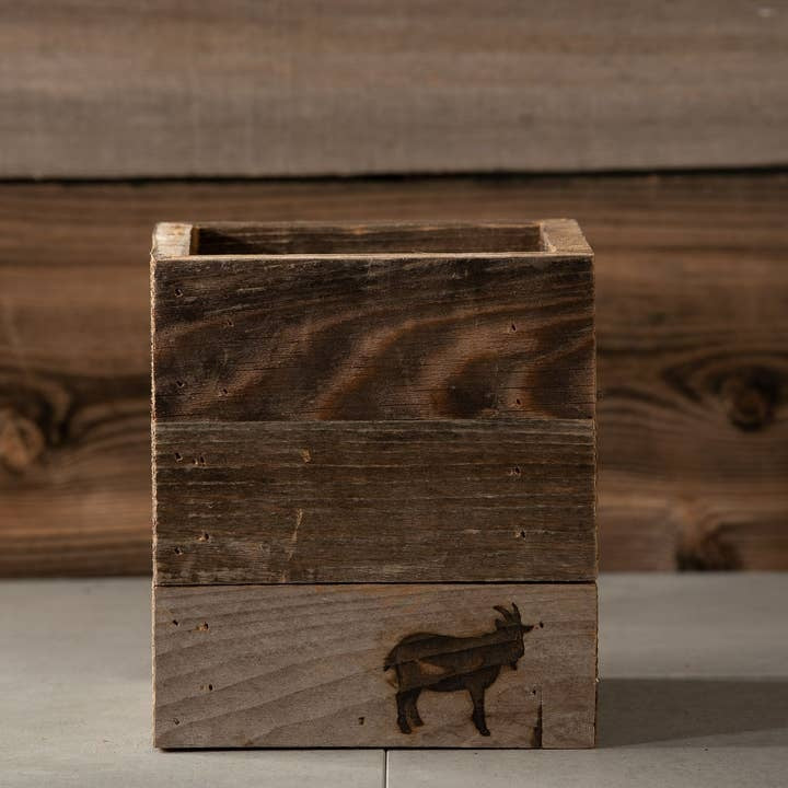 Rustic Wood Farmhouse Crock Goat Planter, Handmade 100% Reclaimed Wood