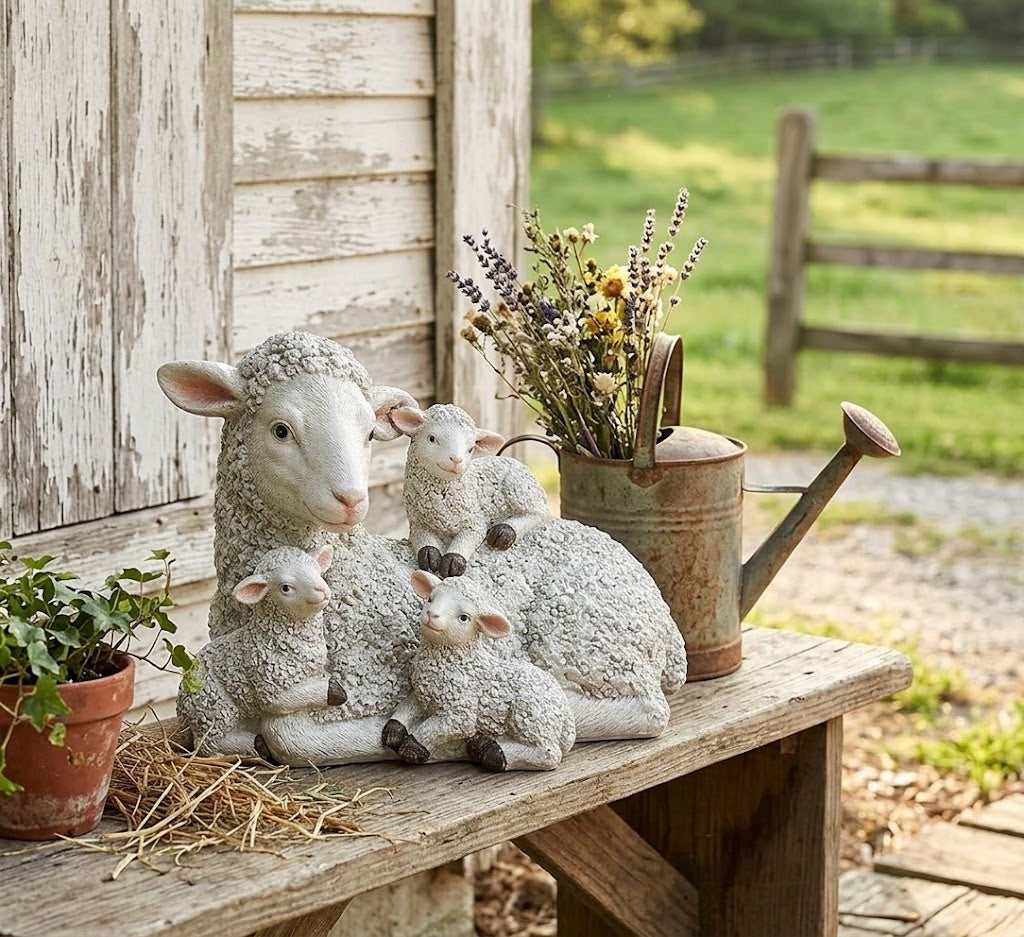 Farmhouse Sheep Family Figurine – Small Resin Mother Ewe with 3 Lambs Statue