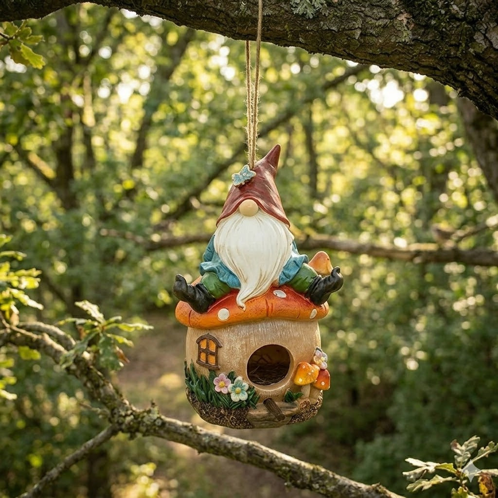 Gnome Fairy Mushroom Toadstool Birdhouse, 8" Hanging Garden Accent