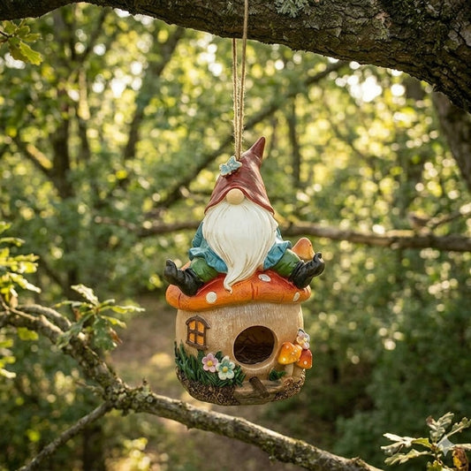 Gnome Fairy Mushroom Toadstool Birdhouse, 8" Hanging Garden Accent