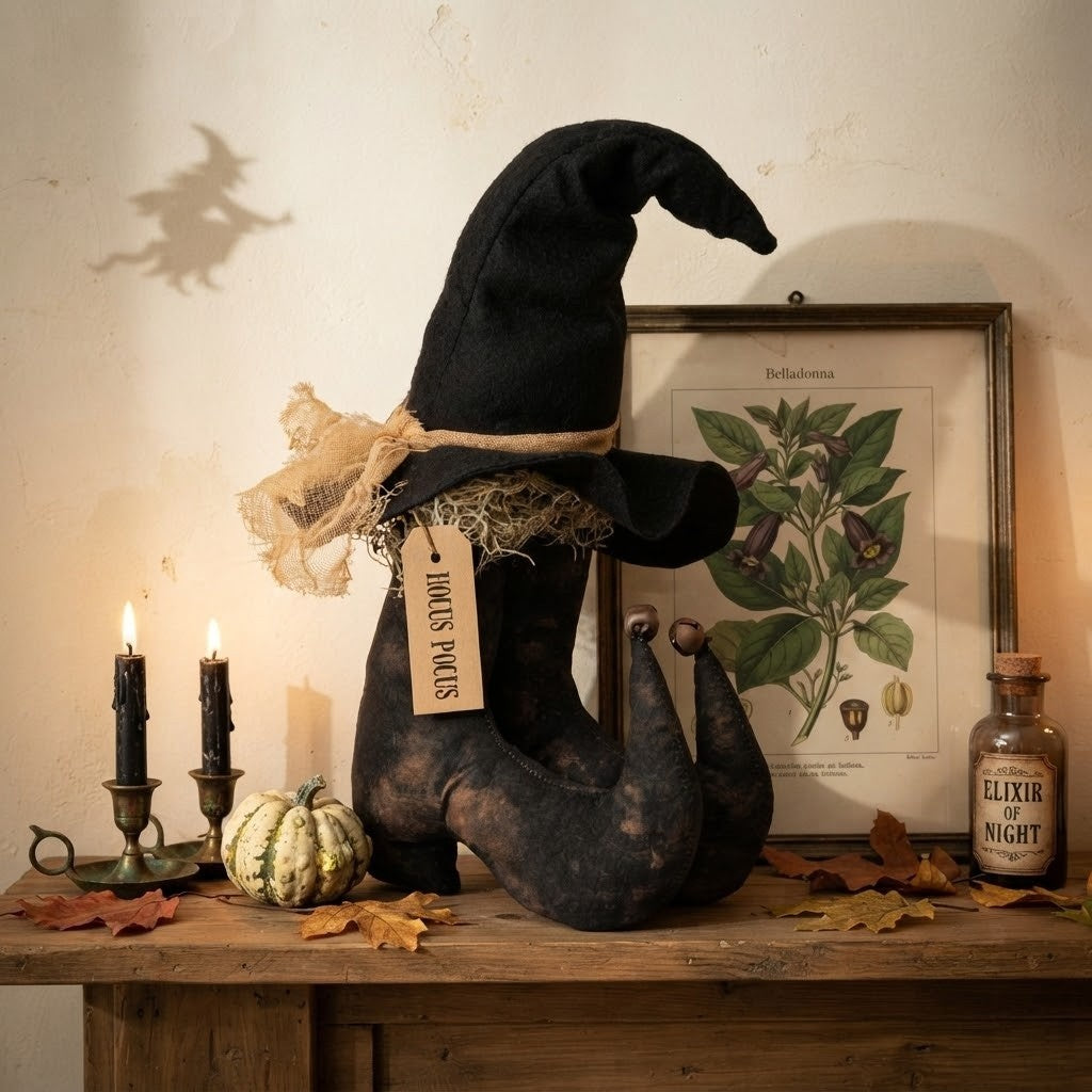 Primitive Black Witch Boots with Hat, 14" Hocus Pocus Halloween Shelf Sitter