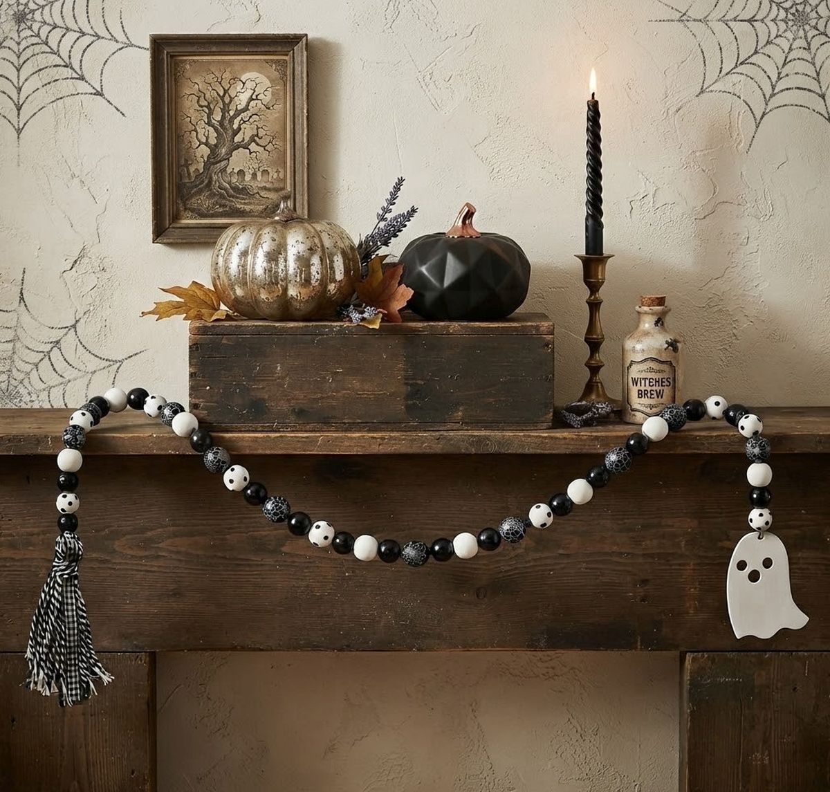 Halloween 40" Black and White Bead Garland Boo Ghost Charm and Fabric Tassel