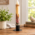 Rustic Primitive Bird & Floral 7" Timer Taper Candle with Black Metal Holder