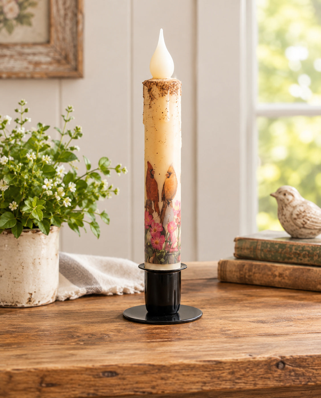 Rustic Primitive Bird & Floral 7" Timer Taper Candle with Black Metal Holder