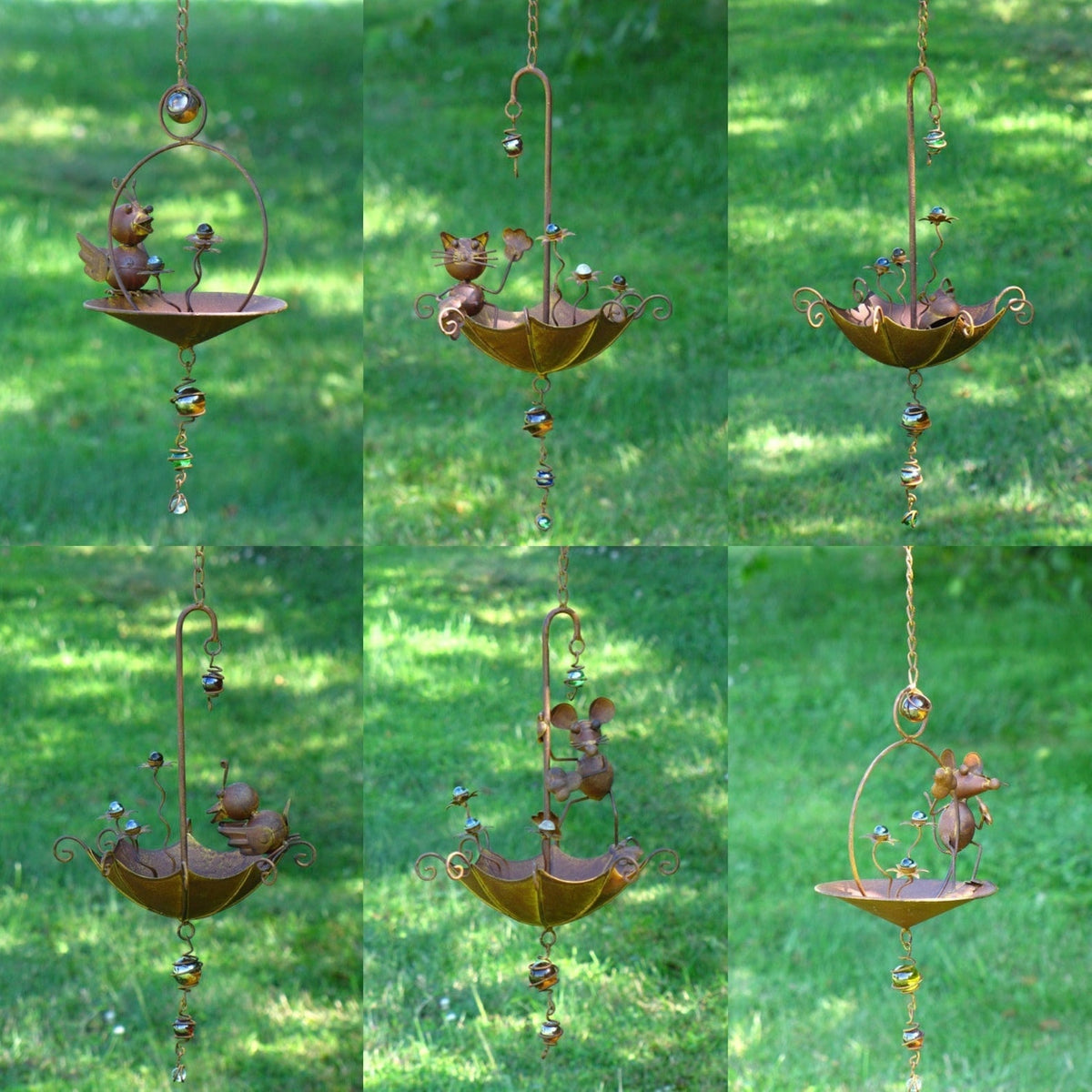 Hanging Animal Bird Feeder & Garden Mobile, Rustic Metal Yard Art in Rust