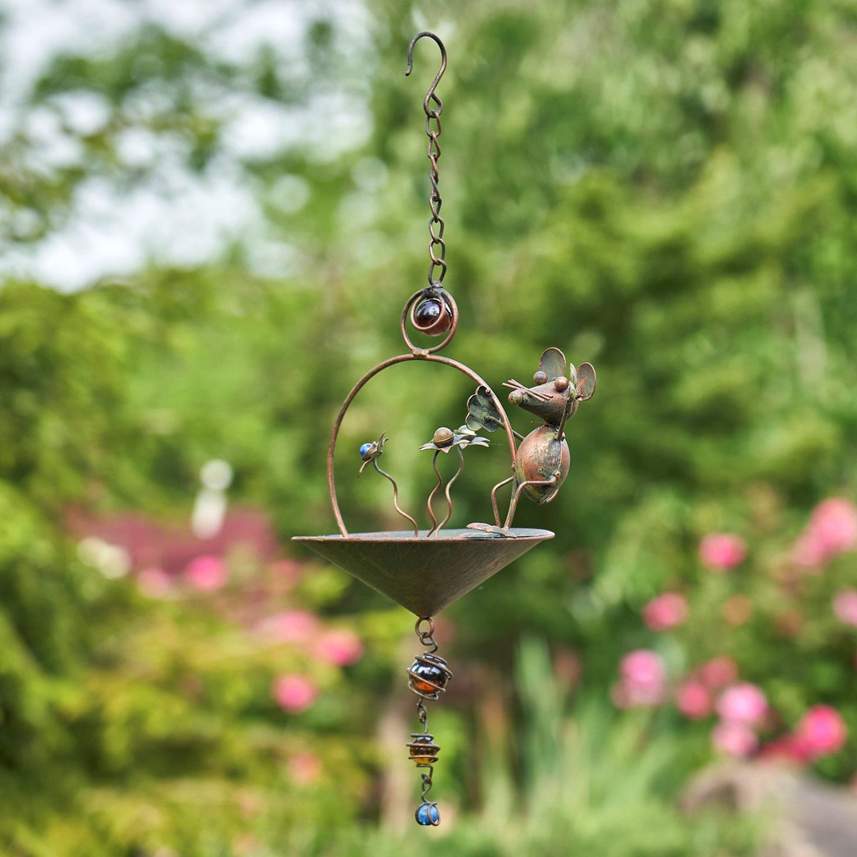 Hanging Animal Bird Feeder & Garden Mobile, Copper Bronze Rustic Metal Yard Art