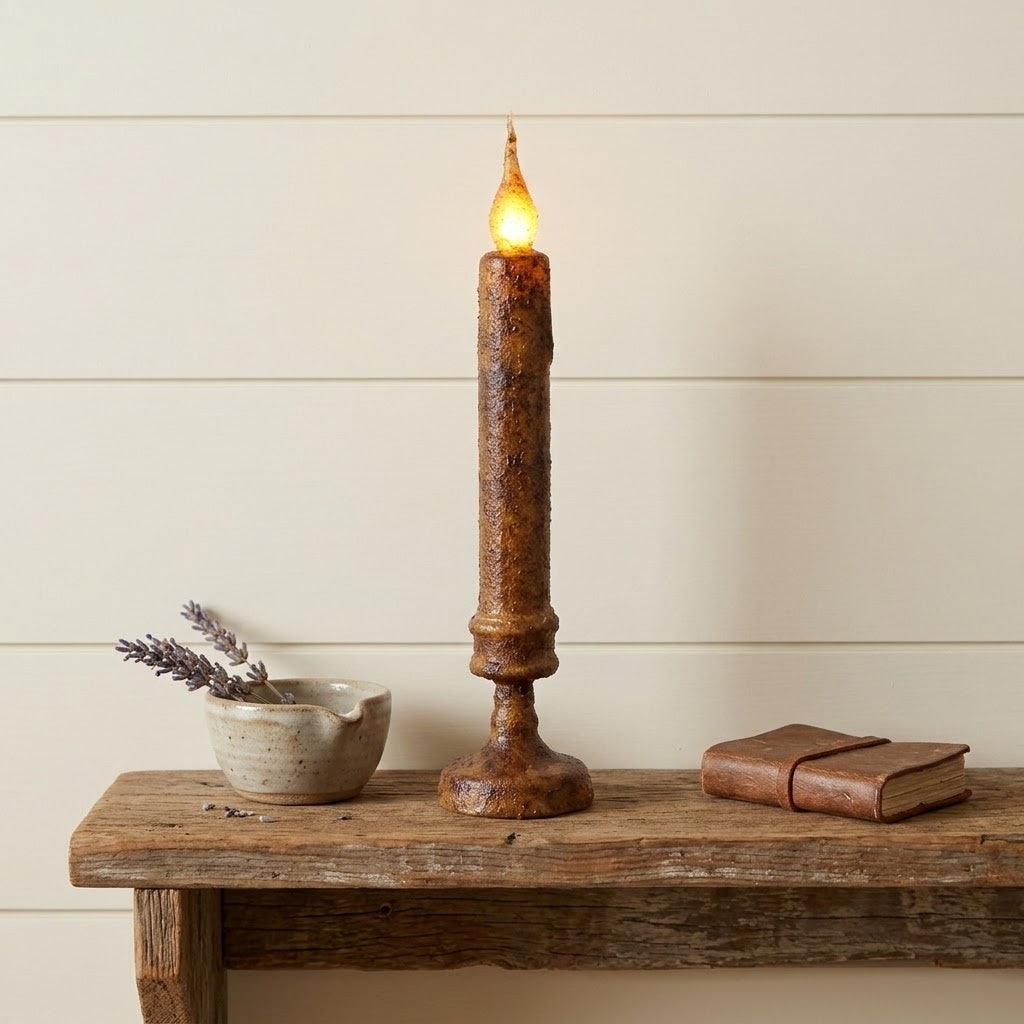 10" Primitive Grubby Timer Candlestick, Battery Flameless Candle with Base
