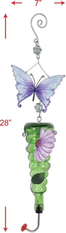 Enchanted Gardens Butterfly and Floral Green Glass Hummingbird Feeder, 28"