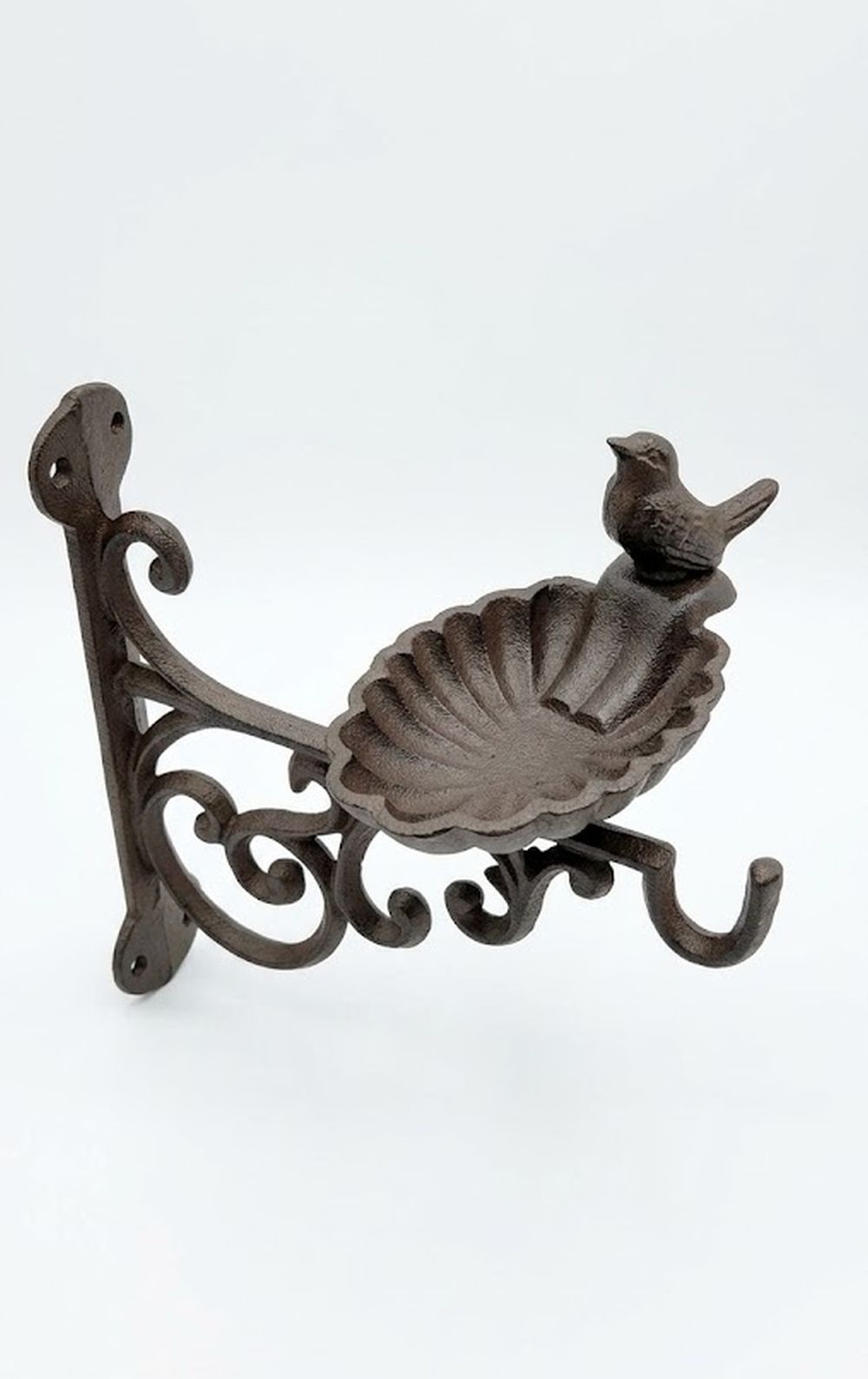 Antique Brown Cast Iron Bird Feeder Dish with Hook, Wall Mount Garden Bracket