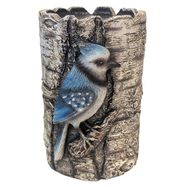 De Leon Collections Resin Birch Log Blue Jay Candle Holder, 6" Stand