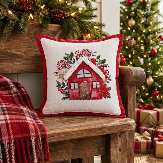 Christmas Candy Cane Cottage Accent Pillow Embroidered Festive Holiday Decor