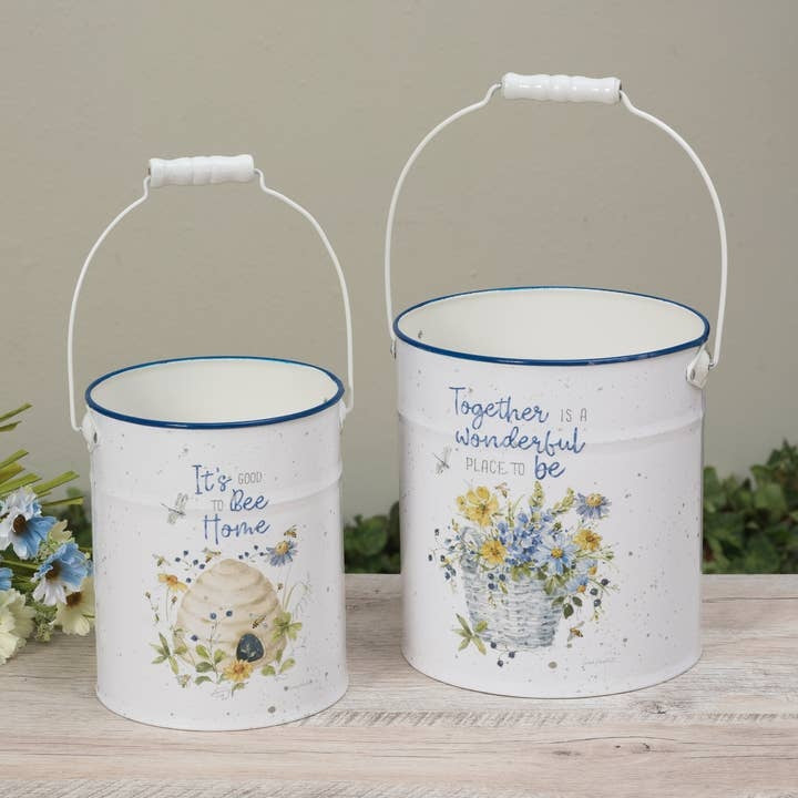 Farmhouse Enamel-Style Floral Bee Metal Nesting Garden Bucket Pails, Set of 2