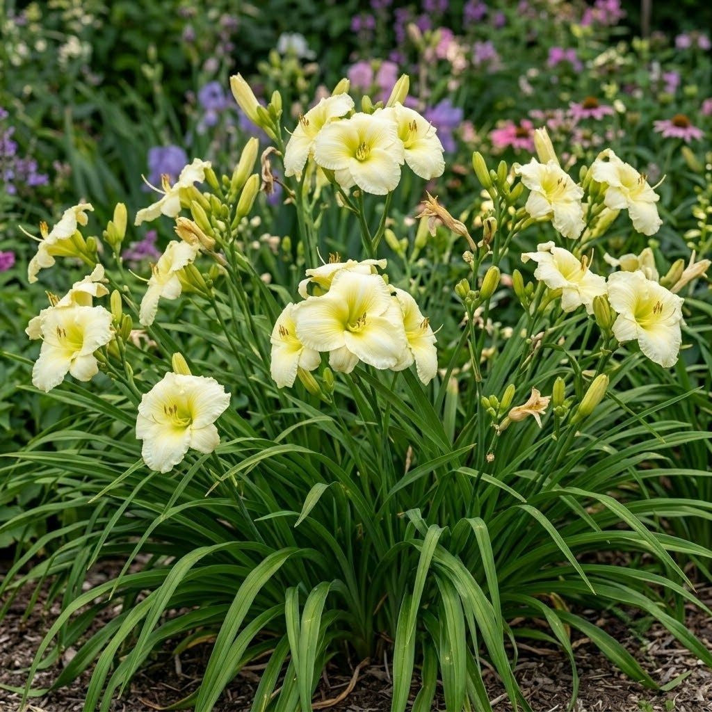 Daylily 'Flutter of Angels' Near White 6" Ruffled Blooms on 28" Flowers Scapes