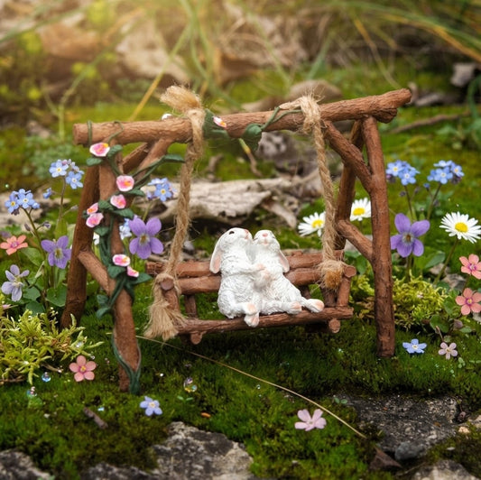 Fairy Garden Miniature Sweetheart Bunnies on a Floral Rustic Garden Swing