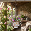 Dolomite Ivory Floral Tea Cup Hanging Planter with Drainage Hole and Metal Chain