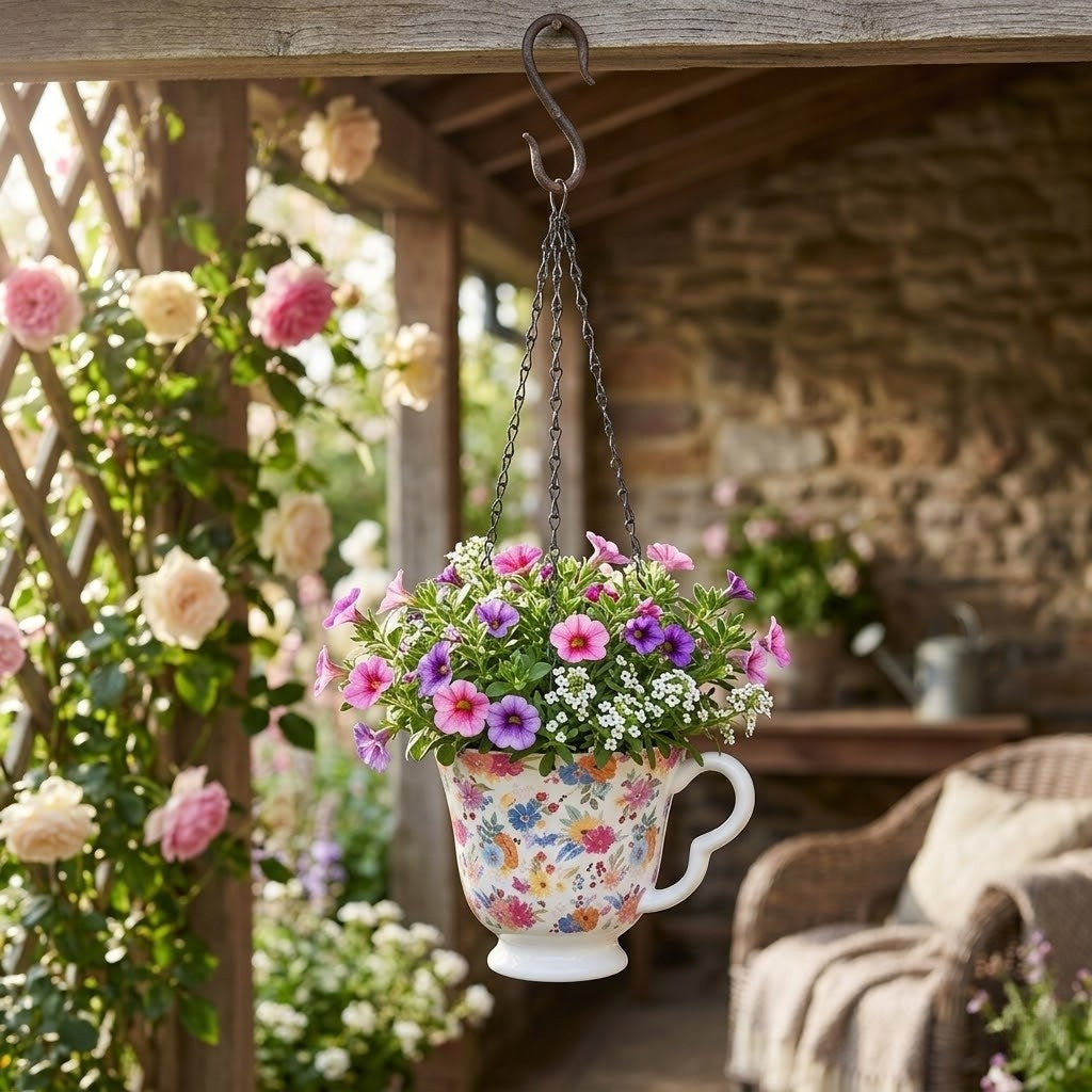Dolomite Ivory Floral Tea Cup Hanging Planter with Drainage Hole and Metal Chain