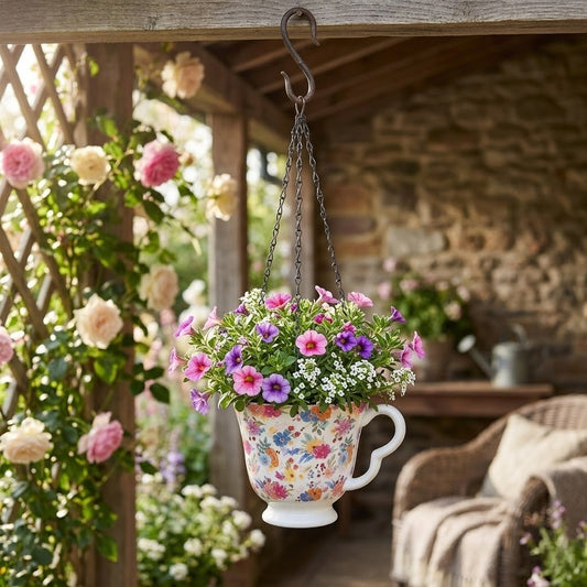 Dolomite Ivory Floral Tea Cup Hanging Planter with Drainage Hole and Metal Chain