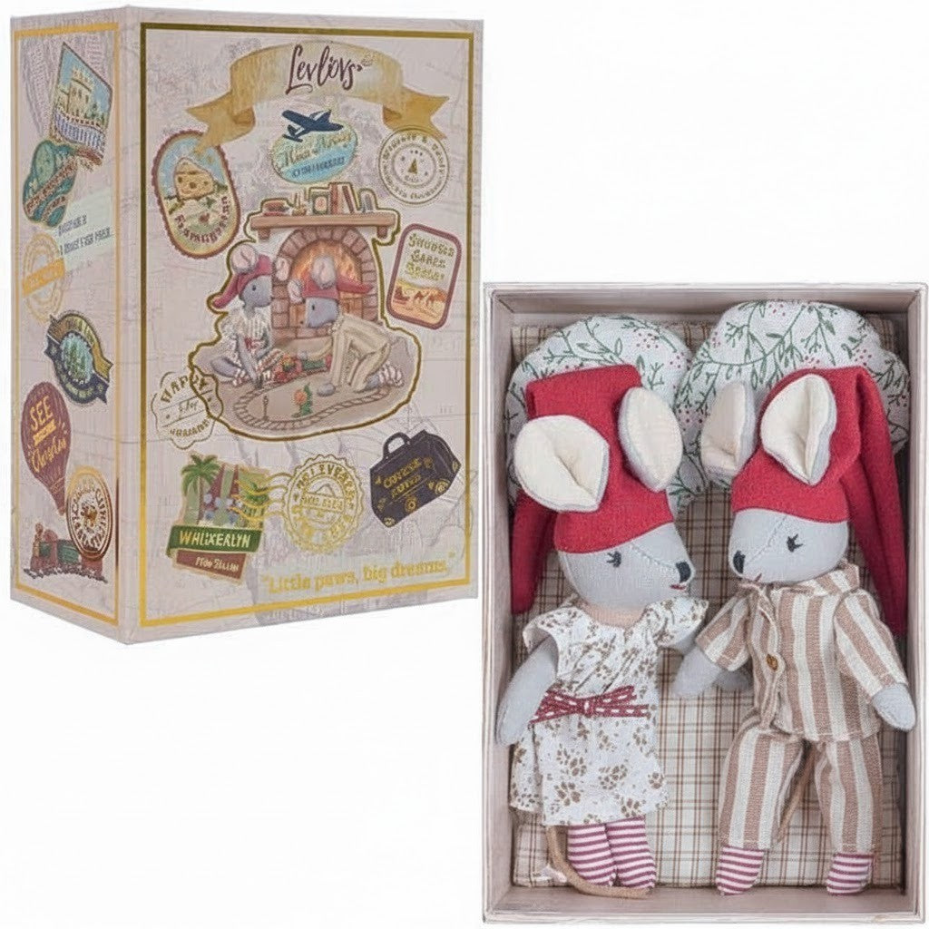 Levlovs Girl and Boy Christmas Mouse with Bedding and Pillows in Keepsake Box