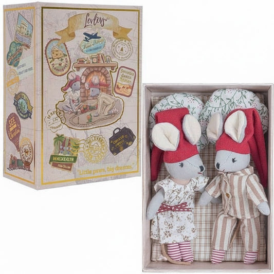 Levlovs Girl and Boy Christmas Mouse with Bedding and Pillows in Keepsake Box