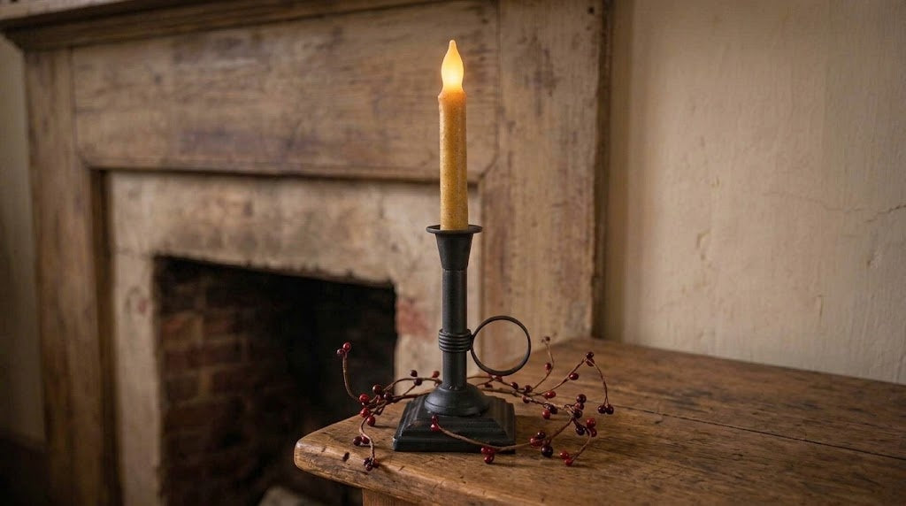 Primitive 8.5" Black Metal Chamberstick Candle Holder with Timer Taper Candle