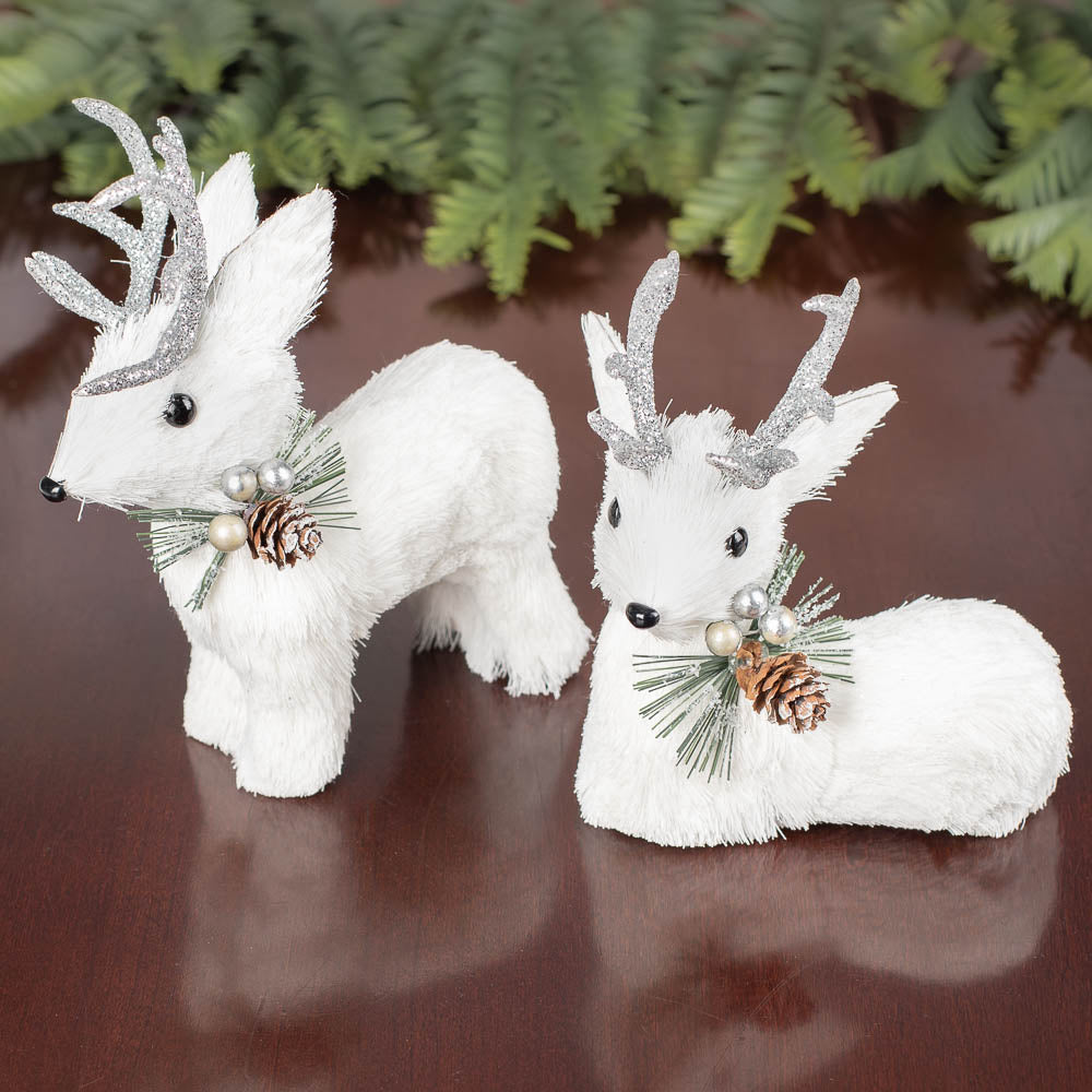 White Sisal Christmas Small Deer Set with Glitter Antlers, Holiday Shelf Decor