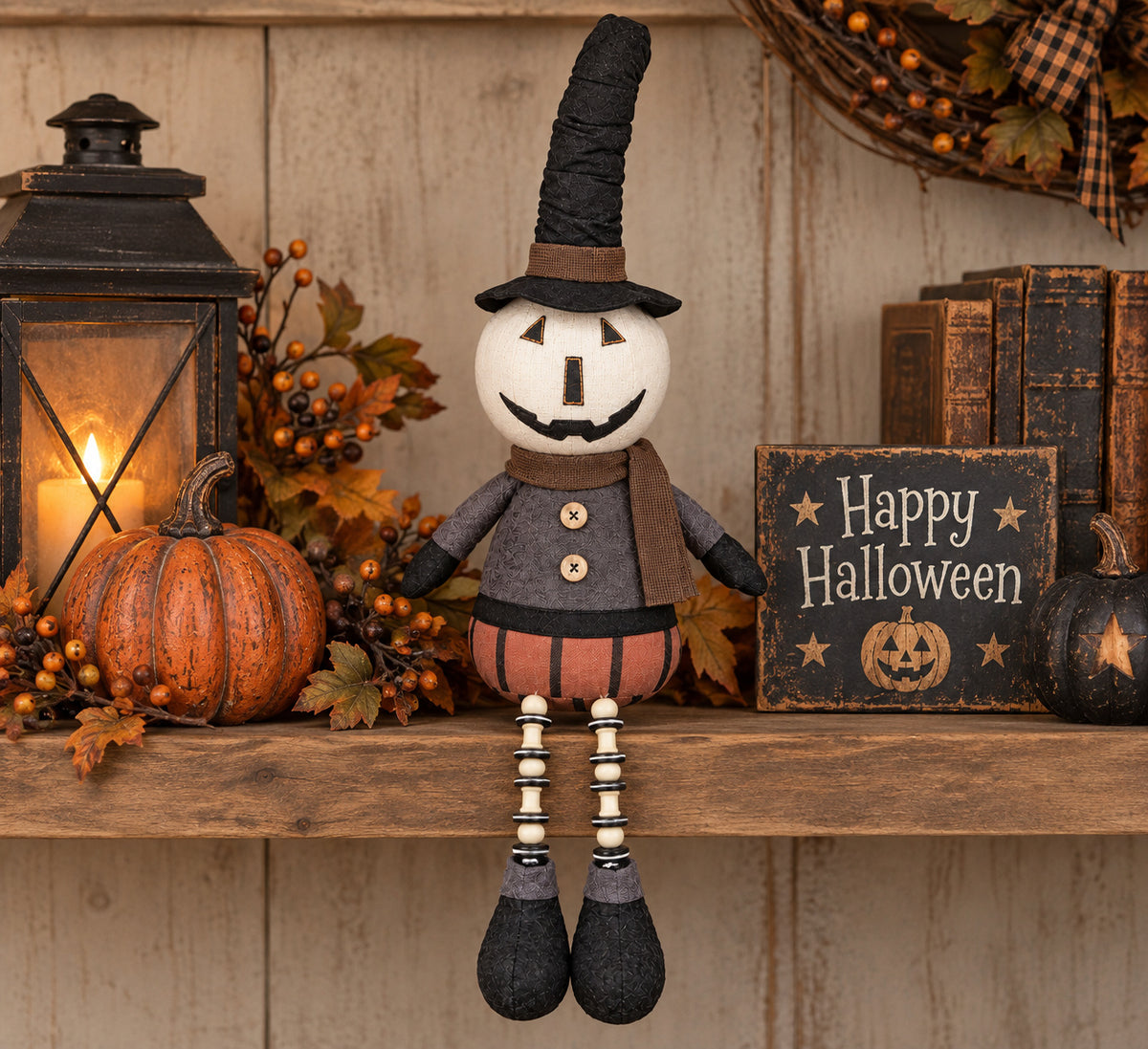 Primitive Halloween Pumpkin Shelf Sitter with Charcoal Gray Top and Dangly Legs