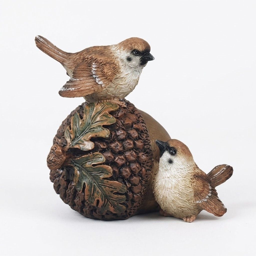 Autumn Acorn & Songbirds Figurine 5" - Woodland Bird Fall Tabletop Accent
