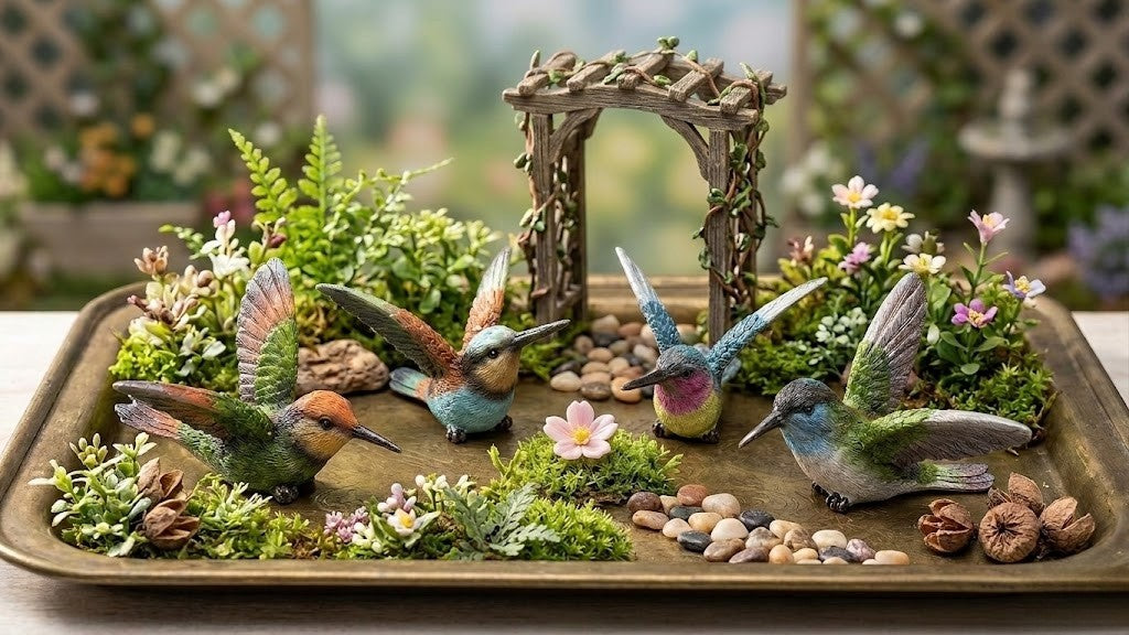 Flying Hummingbird Miniature Resin Colorful Figurines, Set of 4