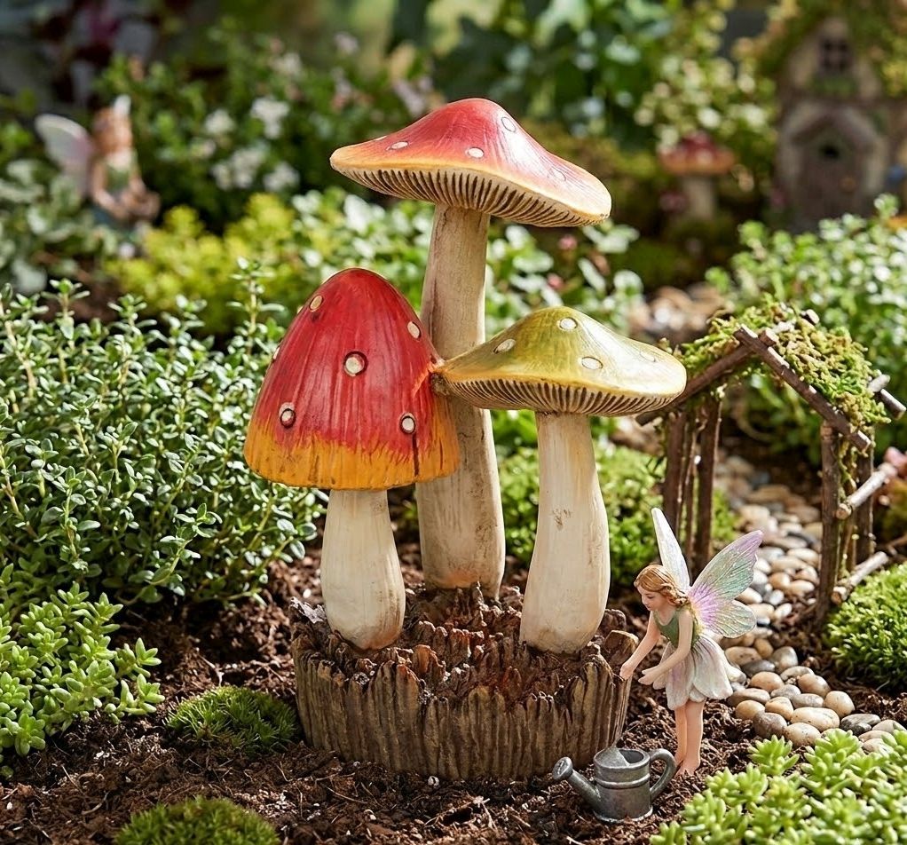 Toadstool Mushrooms Trio, Red and Green with Polka Dots, Fairy Garden Statuette