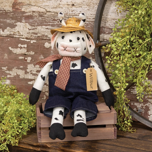 WIlbur The Cow with Overalls and Straw Hat Country Prim Plush 19" Doll
