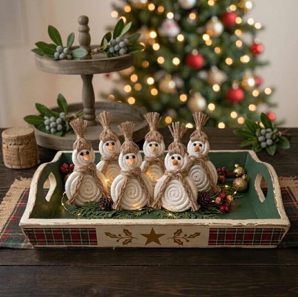 Primitive Fabric Snowmen Bowl Fillers, Set of 6, Rustic Winter and Holiday Decor