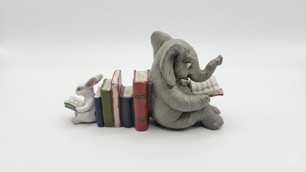 Elephant and Bunny Rabbit Reading Miniature Resin 4" Figurine