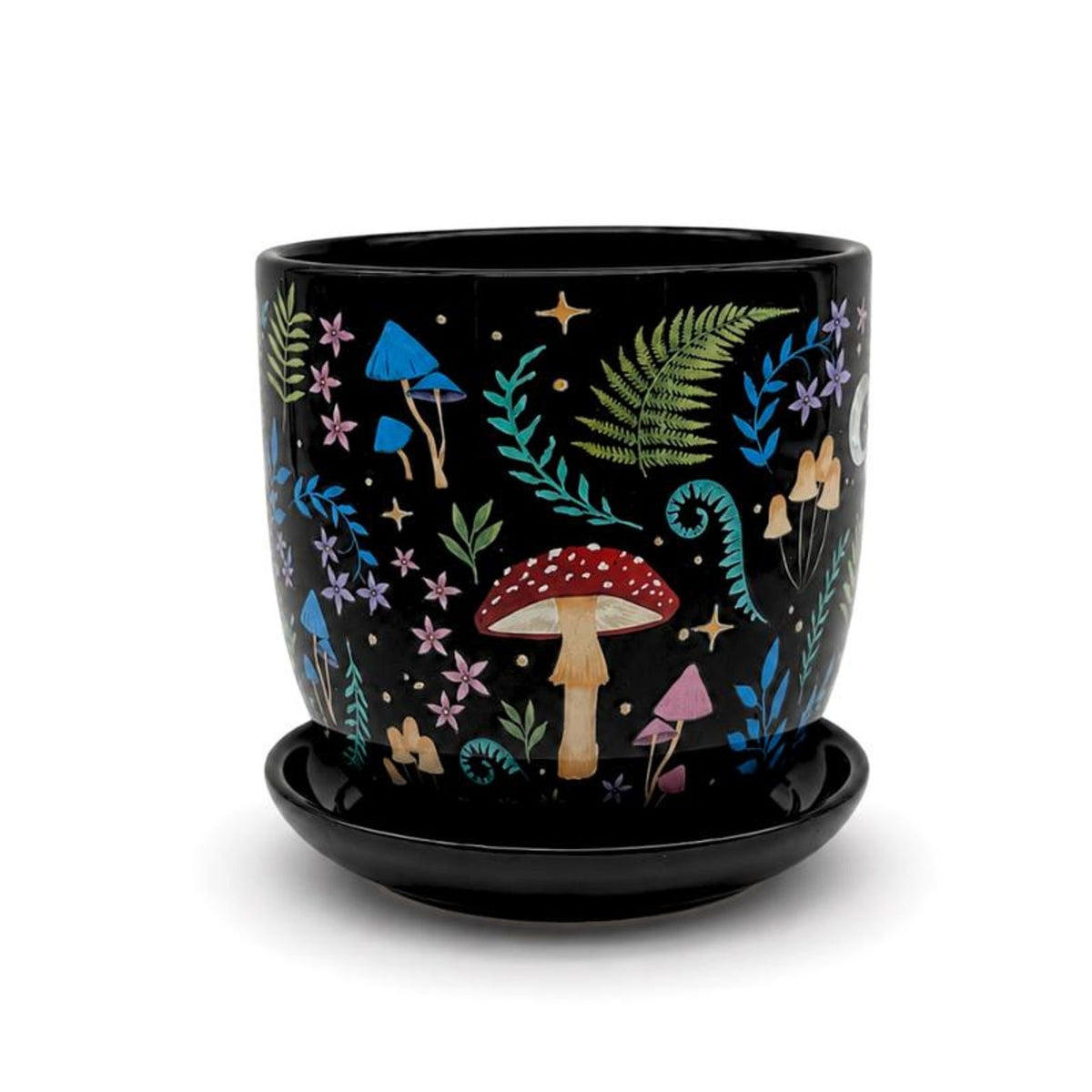 Enchanted Dark Forest 4" Ceramic Planter, Luna Moth & Mushroom Pot with Saucer
