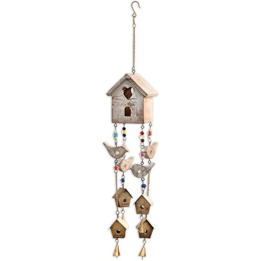 Distressed, Rustic Wood, Metal and Beads Birdhouse Chime, 21" Farmhouse Decor