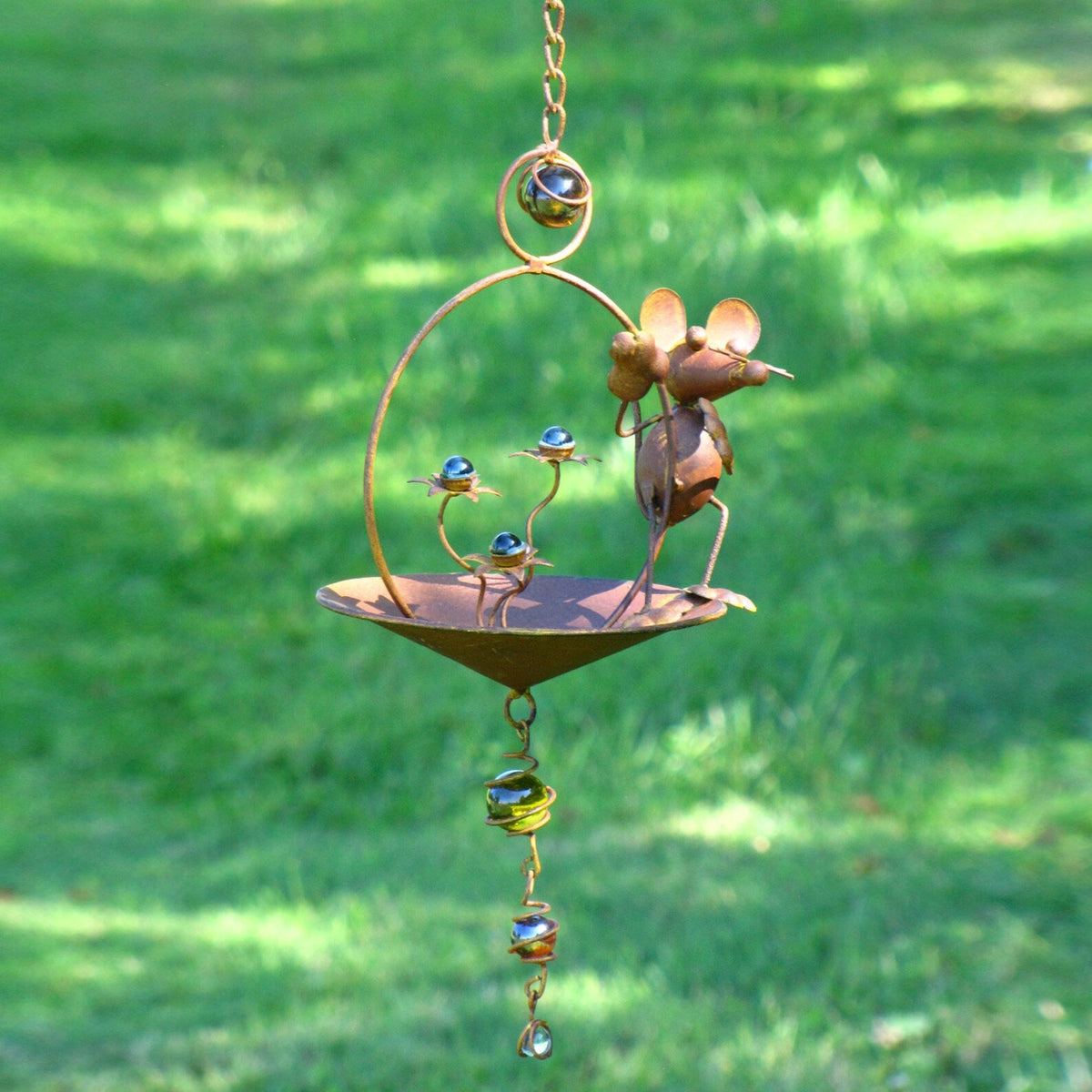 Hanging Animal Bird Feeder & Garden Mobile, Rustic Metal Yard Art in Rust